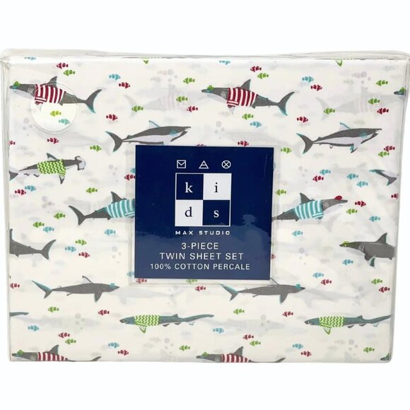 MAX STUDIO TWIN 3 PC Soft Cotton Percale Great White Sharks & Fish Sheet Set NEW - Picture 1 of 2
